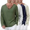 V шеи мужские футболки полные рукава льняные хлопчатобумажные футболки с длинным рукавом мужчины готический хиппи одежда свободно мужская футболка осень 210722