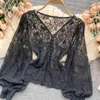 Women Fashion Perspective Lace Tops Lady V Neckline Buckled Long Sleeves Shirt Solid Color Camisas Mujer Blouse Clothes S406 210527