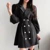 Nomikuma Elegant Mesh Patchwork Puff Sleeve Women Dress Korean Notched Collar Double Breasted Dresses New Vestidos 6F457 210427