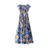 Vrouw jurken blauw print geplooide ruche midi vrouwen vintage korte mouw strand casual elastische taille vestidos 210430