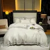 Home Textiles Sheets 4 Piece sets of Pure Plain Color Silk Embroidered Bed Quilt Cover Fitted Sheet