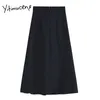 Yitimuceng pläterad kjol för kvinnor unicolor svart hög midja a-line vår sommar mode preppy stil kjolar 210601