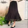 Korean Lace Shirt Women Fashion Spring High Wait Black Causal Midi Skirts Plus Size Elastic Waist Vintage 8773 50 210521