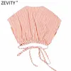 Zevity Women Sexy Deep V Neck Stripe Skriv ut Kort Blus Kvinna Hem Lace Up Bandage Kimono Shirt Chic Blusas Crop Tops LS9283 210603