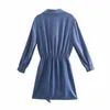 Sukienka Kobiety Lato Niebieski Kołnierz Satynowy Mini Kobieta Casual Długim Rękawem Przyciski przednie Knot Vestidos Elastyczny Talia 210430
