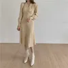 Ezgaga Ofis Bayan Zarif Elbise Kadın Kore Moda V Yaka Uzun Puf Kollu Bahar Yüksek Bel Örgü Elbiseler Vestidos 210430