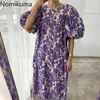 Nomikuma الصيف رداء فام س الرقبة نفخة كم dries عارضة فضفاض الأزهار المطبوعة فساتين الإناث الكورية vestidos 210623