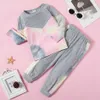 Arrivée automne et printemps enfant en bas âge fille couleur-bloc haut pantalon ensembles couleur bloc Patchwork enfants vêtements 210528