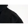 [EAM] Femmes Noir Bref Poches plissées Robe longueur genou Revers manches courtes Lâche Mode Printemps Été 1DD7888 210512