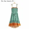 Chu Sau beauty Fashion Boho Vintage Floral Print Sling Midi Dress Women Holiday Chic Sashes Summer Beach Long Dresses Female 210508