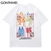 Tshirts Borduurwerk Chinese Karakters Bloemen Tees Shirts Streetwear Hip Hop Harajuku Casual Korte Mouw Katoenen Tops 210602