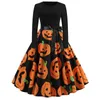 Casual Dresses Women Vintage Dress Halloween Kostymer Svart Patchwork Långärmad Bälte Pumpkin Skriv ut Party Höst Vinter