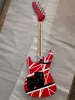 Eddie Edward Van Halen Kramer 5150 Guitarra elétrica vermelha listras pretas e brancas, ponte Floyd Rose Tremolo, porca de travamento, escala de braço em maple