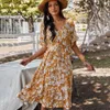 Frauen langes Baumwollkleid Sommer V-Ausschnitt Kurzarm Blumendruck Bohe-Stil Lässige Damen knöchellange Kleider Vintage weiblich 210524