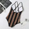 One-Pieces Personality V Neck Women Swimwear Sexy Backless High Waist Swimsuit INS Fashion Letter Striped Printed Bathing Suit