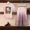 Summer Women Bead Mesh Beautiful Character T-shirt + Gradient Color Skirt 2 pcs sets Fashion Female Suits A1241 210428
