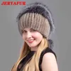 Chapéus de pele de Jeryafur Mulher Fluffy Inverno Quente Malha Natural Moda Moda 211119