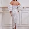 Women Elegant Lantern Sleeve Off Shoulder Long Dress Casual Polka Dot Slim A Line Dress Sexy V Neck Party Evening Dress 210619