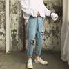 Män Jeans Hole Ripped Denim Trousers Snygg Street-Wear Baggy Straight Trendy Korean-Style All-Match Fritid Mens Ankellängd G0104