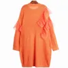 [EAM] femmes Orange volants tricot grande taille robe col rond manches longues coupe ample mode printemps automne 1DD5981 210512