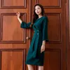 Autumn Work Wear Pencil Dress Green O Neck Draped Belts Midi Length Long Sleeve Office OL Dresses Vestidos Robe 210529