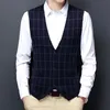 Männer Westen Männer Business Pullover Weste V-ausschnitt Wolle Verdicken Herbst Winter Plaid Gestrickte Strickjacke Büro Männliche Kleidung Stra22