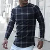 Camisetas masculinas casuais manga longa estampa xadrez outono moda pulôver com decote em o tops primavera nova camiseta listrada streetwear