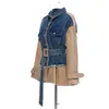 abiti invernali colletto rovesciato maniche lunghe PU leatehr denim monopetto patchwork cinture in vita giacca 19E-a11 210421