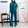 Gigogou Cashmere Cashmere Minsk Mulheres Grande Perna Pant Ternos Grossa Quente Mulheres Turtleneck Camisola Tracksuits 2 / Dois Pedações Conjuntos Roupas 211007