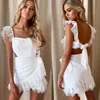 Summer Dress Women Boho Bohemian Hollow Out Crochet Lace Embroidery White Dress Backless Tie Ruffle Mini Beach Dresses Sundress X0521