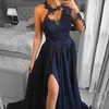 Blue Dresses Navy Evening One Shoulder Side Slit O-neck Long Sleeve Lace Appliques Sequins Satin Sweep Train Party Prom Gown