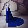 2022 Royal Blue manica lunga abiti da sera formale collo alto perline cristallo lungo treno Prom Party Sweet 16 vestito aperto indietro