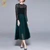 Frühling Fashion Runway Spitze Aushöhlen Kleid Frauen Langarm Patchwork Plissee Elegante Midi Vintage Vestidos 210520