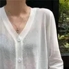 カーディガン女性韓国の長袖夏のクロップドニットvネック薄いアイスシルクセーター日焼け止めシャツトップス210805