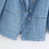 BBWM Tweed femmes élégant bleu Blazers mode dames Vintage ample Blazer vestes décontracté femme Streetwear costumes filles Chic 210520
