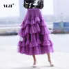 Casual Purple Patchwork Ruffle Ball Gown For Women High Waist Design Solid Elegant Mesh Skirts Female Summer Fashion Clothes 210531