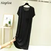 Neploe Sommer Neue Frauen Solide Einfache Kleid Lose Weiche Nachthemd Koreanische Oansatz Kurzarm Tasche Casual Dünne Kleider 82051 210423