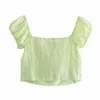 Été Vert Lin Crop Top Femmes Élégant Cravate Avant Slim Femme Blouses À Manches Courtes Casual Dos Élastique Dames Tunique 210430