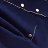 Primavera azul vintage senhoras dinamarquês fios de ouro retalhos vestido de malha mulheres manga comprida o-pescoço botões moda elegante vestidos 210513