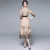 Frauen Elegante Stehkragen Rüschen Mesh Stickerei Sommer Kleid Weibliche Mid-Länge Kleider Vestidos 210520