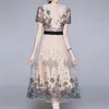 Fashion Runway Summer Dress Women O-Neck Embroidery Hollow Out Mesh Midi Ladies Party Sweet es 210603