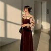 Kimutomo Vintage Patchwork Kadife Elbise Kadınlar Fransız Tarzı Çiçek V Yaka Flare Kollu Tek Göğüslü Vestido Feminino Zarif 210521