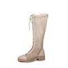 Knee-High Boots Women Shoes Round Toe Block Heels Cutouts Long Lace Up Zip Mid Heel Ladies Autumn Black 43 210517