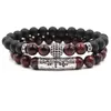 Elastic 8mm Natural Black Agate Bead Bracelet Set 2Pcs/Set Red Tiger Eye Bead Micro Pave CZ Ball Bracelet