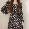 Kimutomo Frühling gelb Blumenkleid Korea Chic Altersreduzierender quadratischer Kragen Langarm Slim Hohe Taille Vestido de Mujer 210521