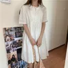 Korobov Summer Chic Lacing Bow Dress Sweet Puff Sleeve A-Line Dresses Vintage High Waist Preppy Style Vestidos Femme 210430
