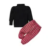 Conjuntos de ropa 1-5 años Spring Outumn Outumn Outfits Solid Black High Colllar Mangas largas Jersey Pantalones de tela escocesa roja Juego de niños