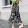 Herfst Zomer Elegante Print Rok Vrouwen Koreaanse Midi A-Lijn Lace Up Chiffon Femme Jupes Rokken Voering Mujer Faldas 210520