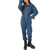 Kanske du kvinnor blå avslappnad hög gata hög midja knapp singel-breasted denim jumpsuit overalls lastbyxor penna byxor j3999 210529