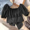 KIMUTOMO Sweet Wild Blouse Meisjes Back Bow Lace Up Pearl O-hals Puff Sleeves Korte Solid Shirt Zomer Elegant Koreaans Chic 210521